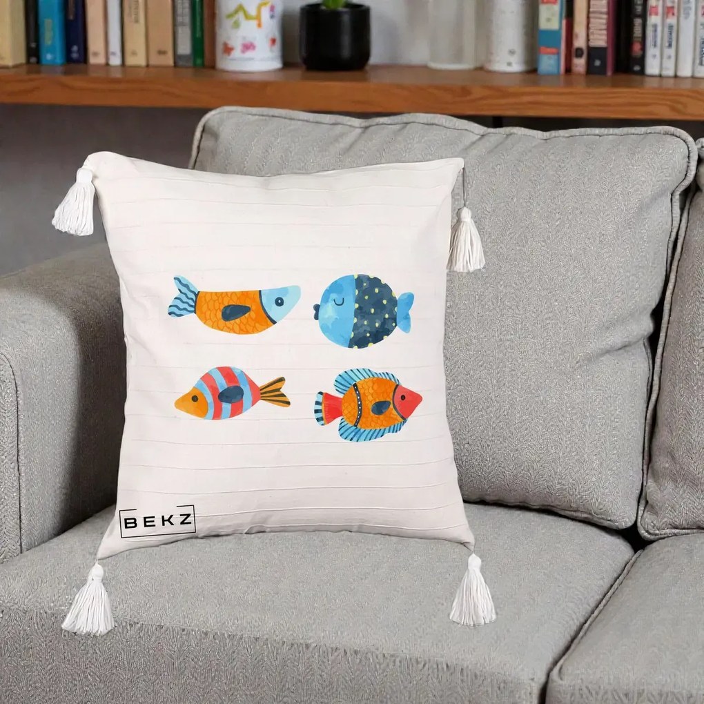 Perna Decorativa Pesti Acuarela, 40x40 cm, Bej cu Franjuri, Husa Detasabila, Perna Inclusa, BEKZ®
