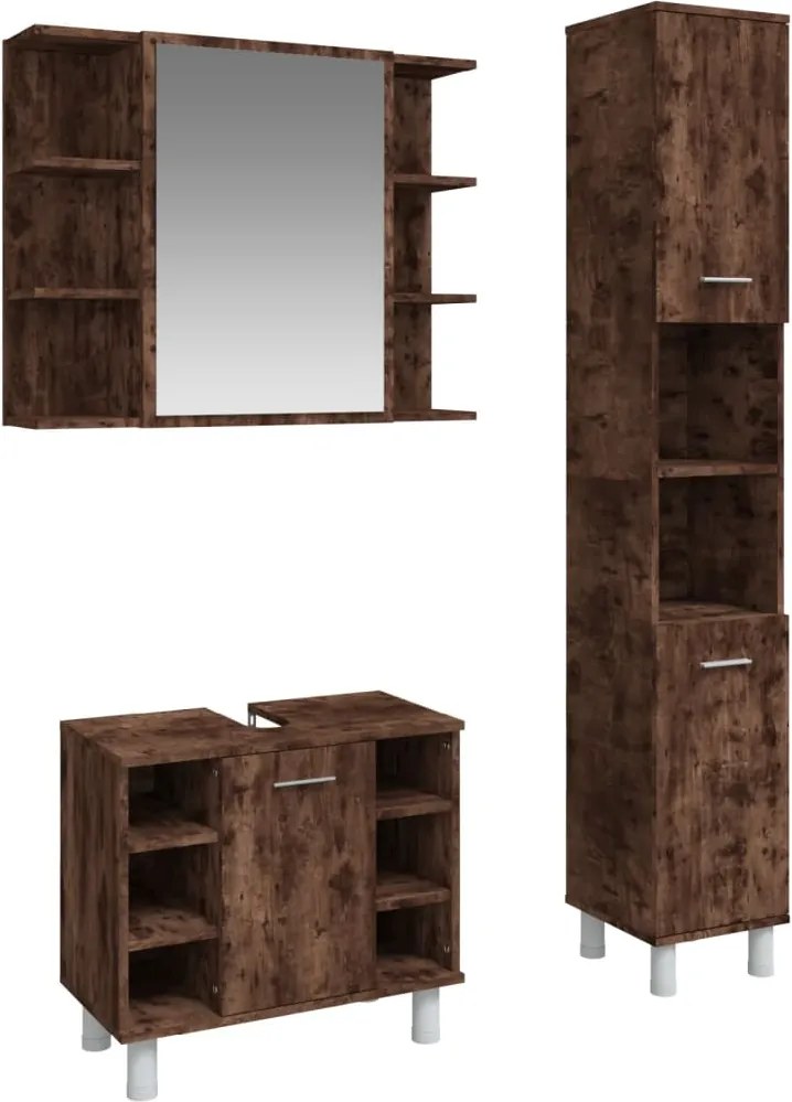 vidaXL Set dulapuri de baie, 3 piese, stejar afumat, lemn prelucrat