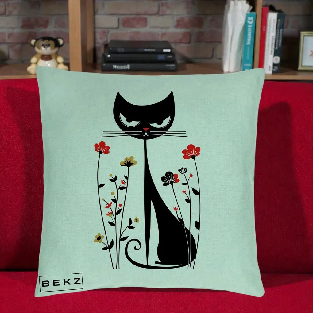 Perna Decorativa Pisica Neagra Grafica Flori Rosii, 40x40 cm, Verde Menta, Husa Detasabila, Perna Inclusa, BEKZ®