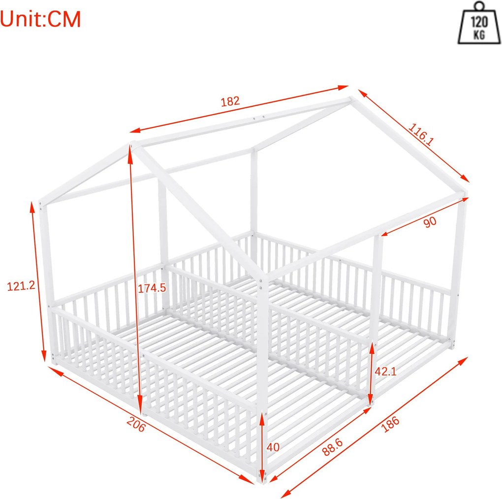 Pat dublu pentru copii 90x200 cm, formă de casă, cu barieră de siguranță, fără saltea, Alb