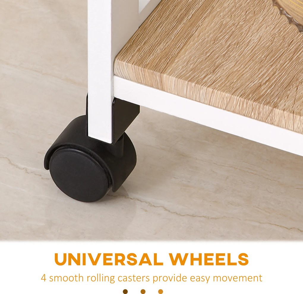 HOMCOM Serviciu de servire dulap de bucătărie cu rotile 2 rafturi, tavă detașabilă, sertar lemn de pin alb stejar luminos | Aosom Romania