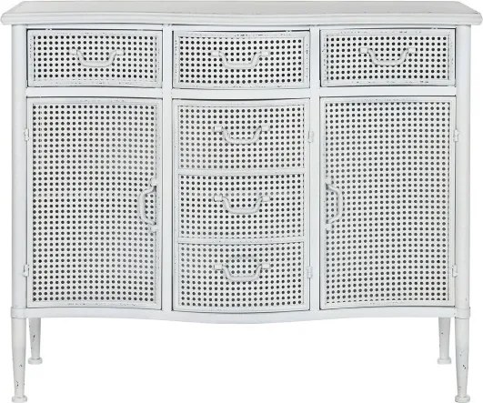 Bufet vintage din metal, alb, cu 3 uși și 3 sertare din tablă perforată, stil industrial, 85 x 101 x 42 cm, „Merej”