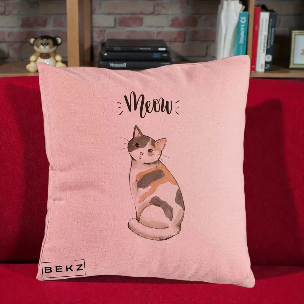 Perna Personalizata Pisica Meow Acuarela, 40x40 cm, Roz, Husa Detasabila, Perna Inclusa, BEKZ®