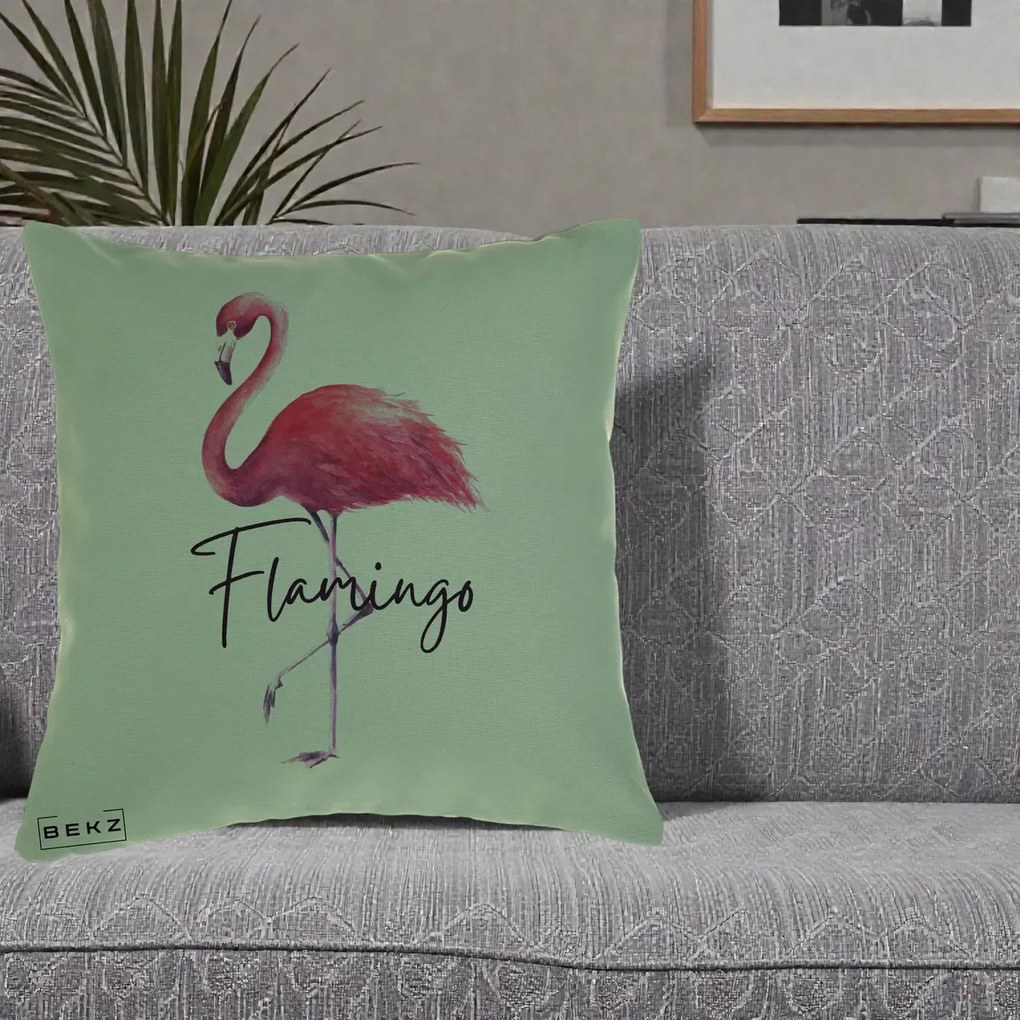 Perna Decorativa Flamingo Acuarela, 40x40 cm, Verde, Husa Detasabila, Perna Inclusa, BEKZ®
