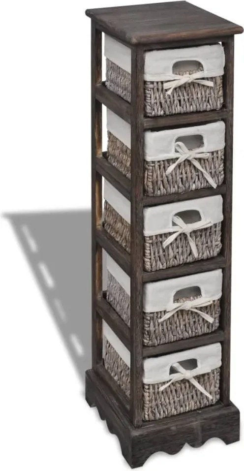 vidaXL Dulap de depozitare din lemn, 5 coșuri împletite, maro