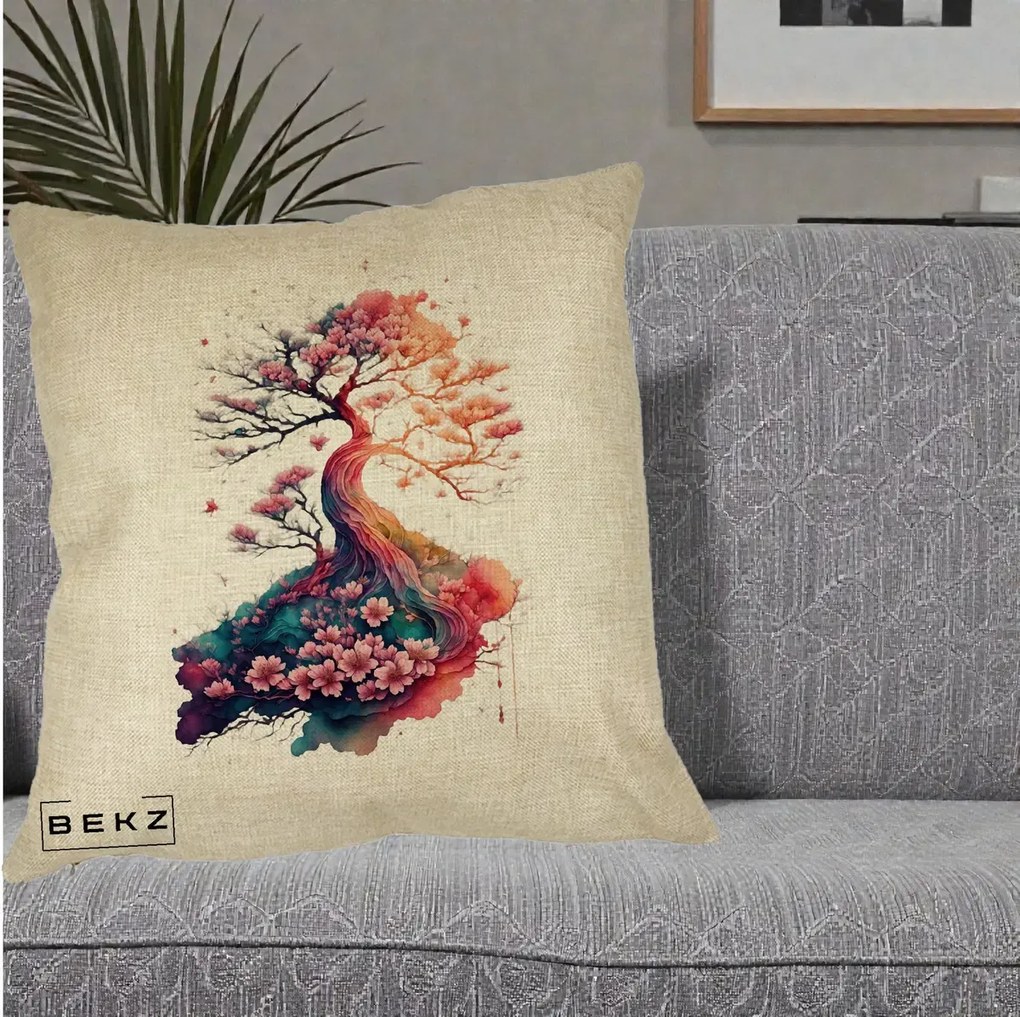 Perna Decorativa Copac Sakura Acuarela Fantasy, 40x40 cm, Crem, Husa Detasabila, Perna Inclusa, BEKZ®