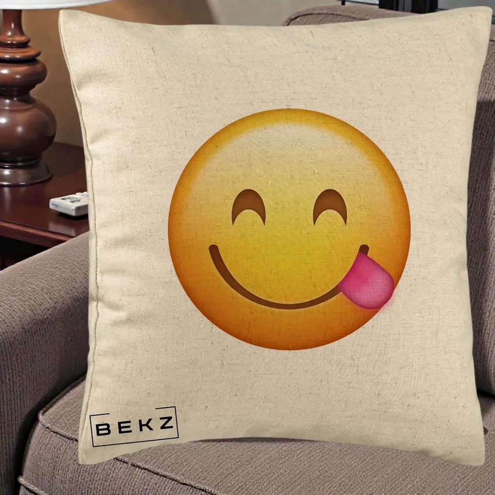 Perna Decorativa Emoji Limba Scoasa, 40x40 cm, Bej, Husa Detasabila, Perna Inclusa, BEKZ®