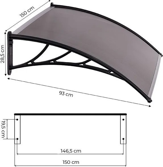 Intrare acoperiș policarbonat peste ușă - fum Lățime: 100 cm | Lungime: 150 cm