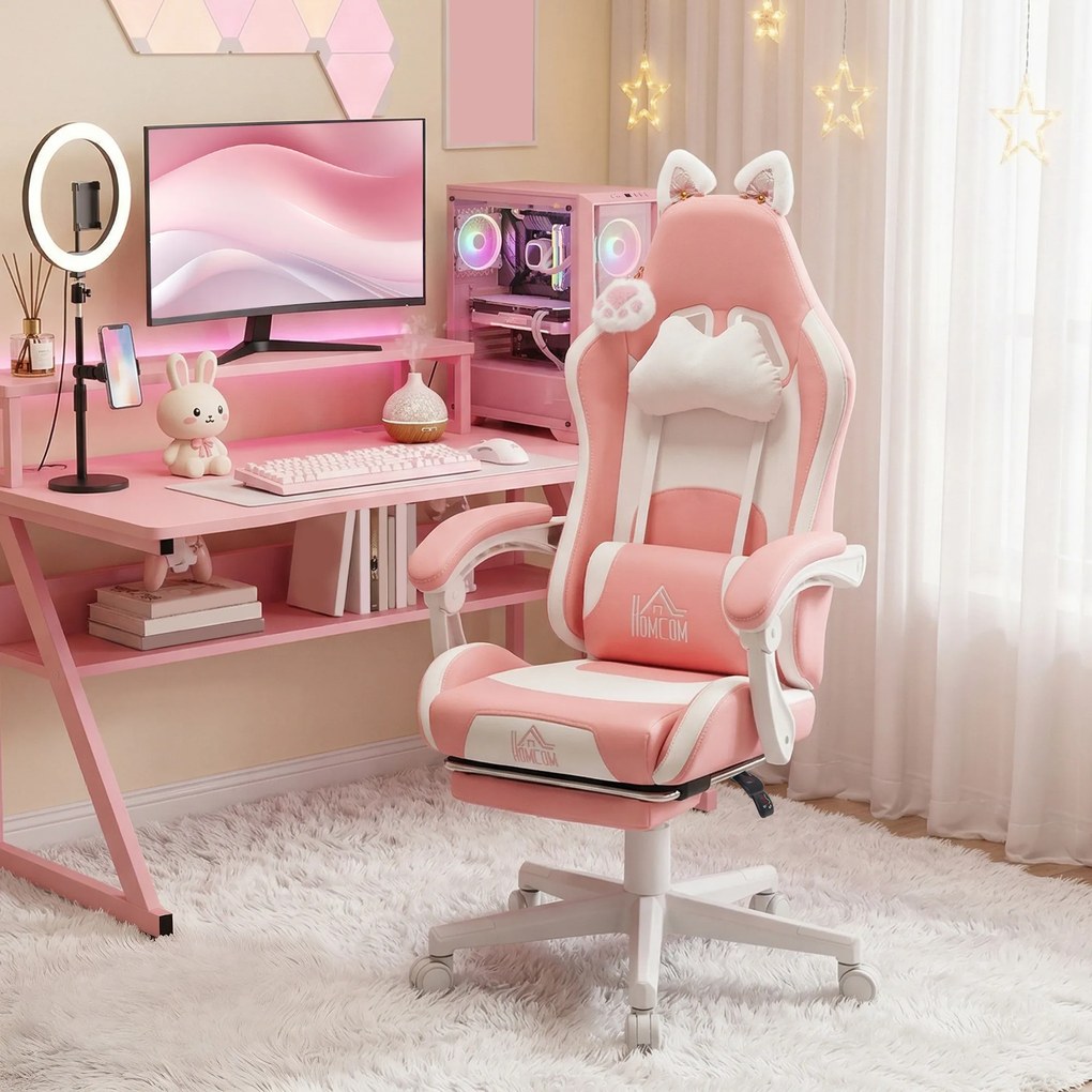 HOMCOM Scaun de Gaming Ergonomic cu Urechi de Pisică, Suport pentru Picioare și Suport Lombar, 65x62x116-124 cm, Roz | Aosom Romania