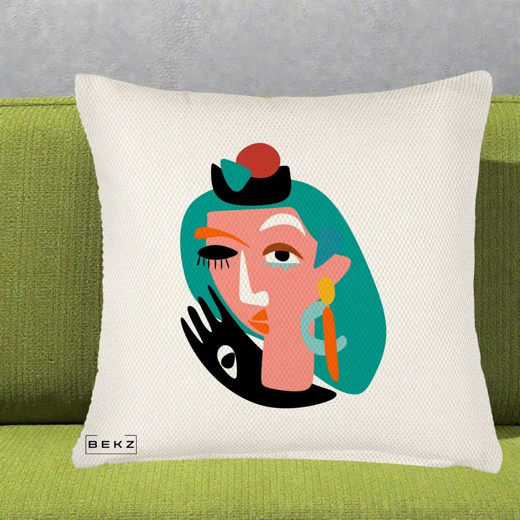Perna Decorativa Portret Abstract Matisse Turcoaz, 40x40 cm, Crem Reliefat, Husa Detasabila, Perna Inclusa, BEKZ®