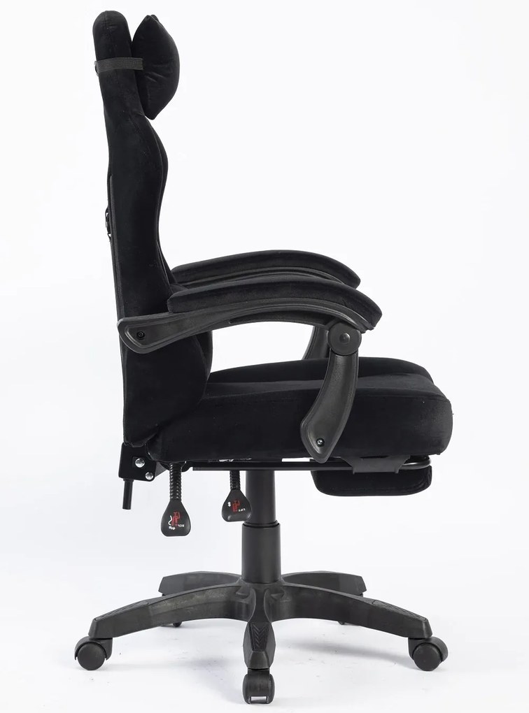 Scaun gaming, masaj în perna lombară, suport picioare, negru, catifea