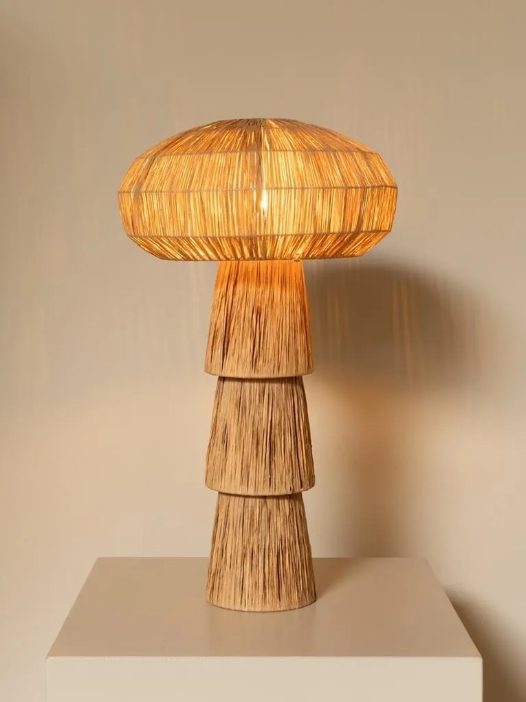 Lampă de masă din rafie naturală bej, cu structură din metal, formă de ciupercă, finisaj natural, 65×40 cm, „Mushroom"