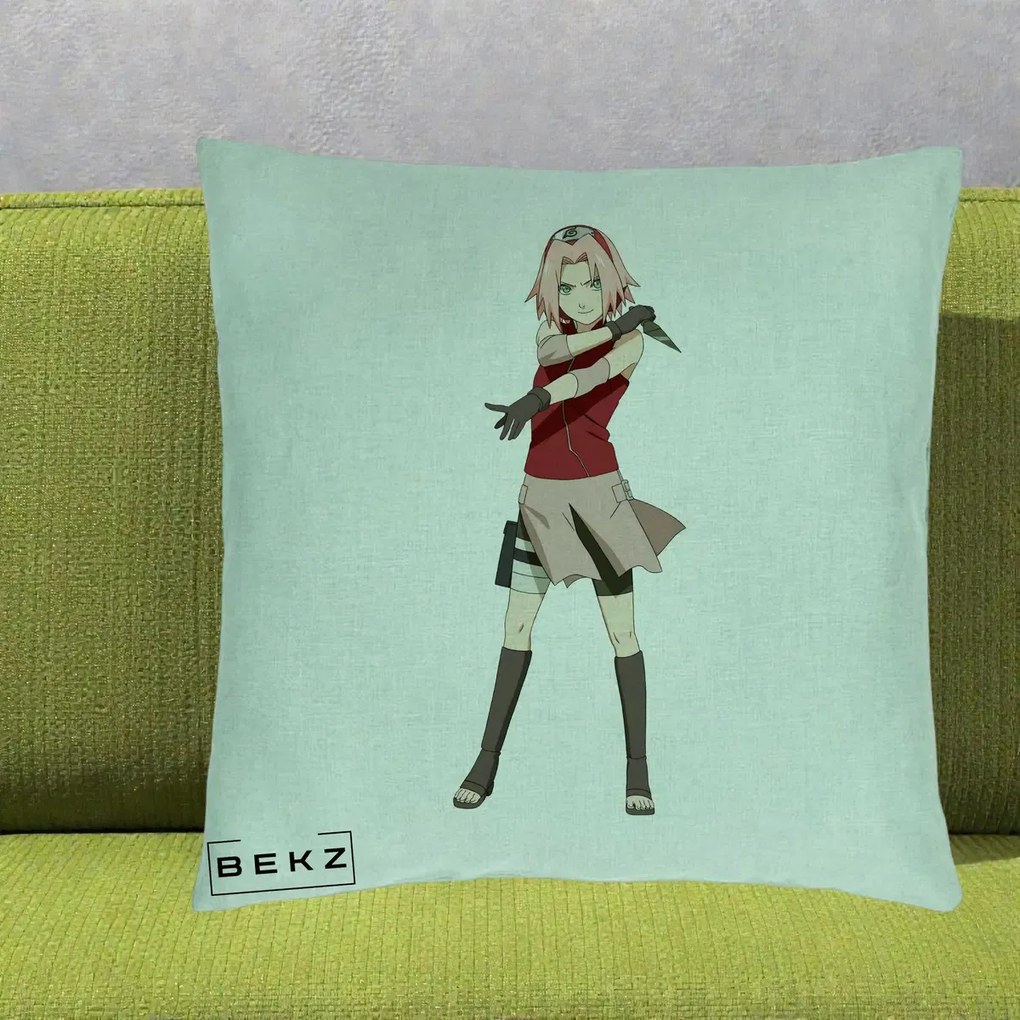 Perna Personalizata Naruto Sakura Haruno Portret, 40x40 cm, Verde Menta, Husa Detasabila, Perna Inclusa, BEKZ®
