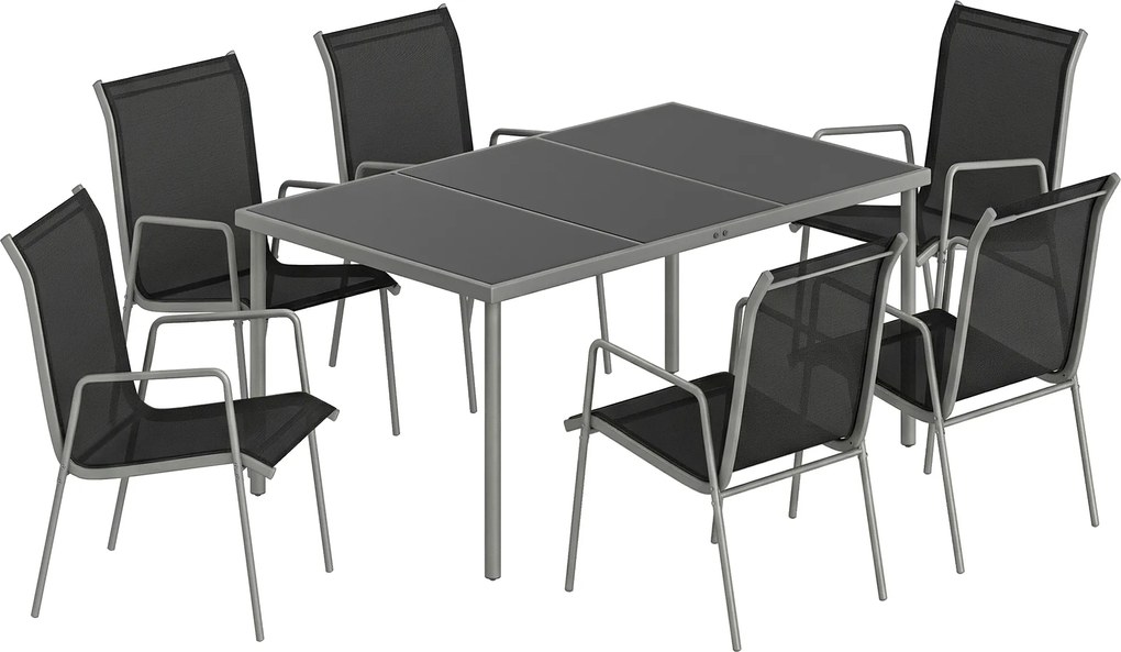 Outsunny Set Grădină 7 Piese: Masă Dreptunghiulară, 6 Scaune Stivuibile | Aosom Romania