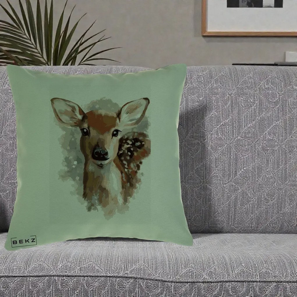Perna Decorativa Caprioara Pui Acuarela, 40x40 cm, Verde, Husa Detasabila, Perna Inclusa, BEKZ®