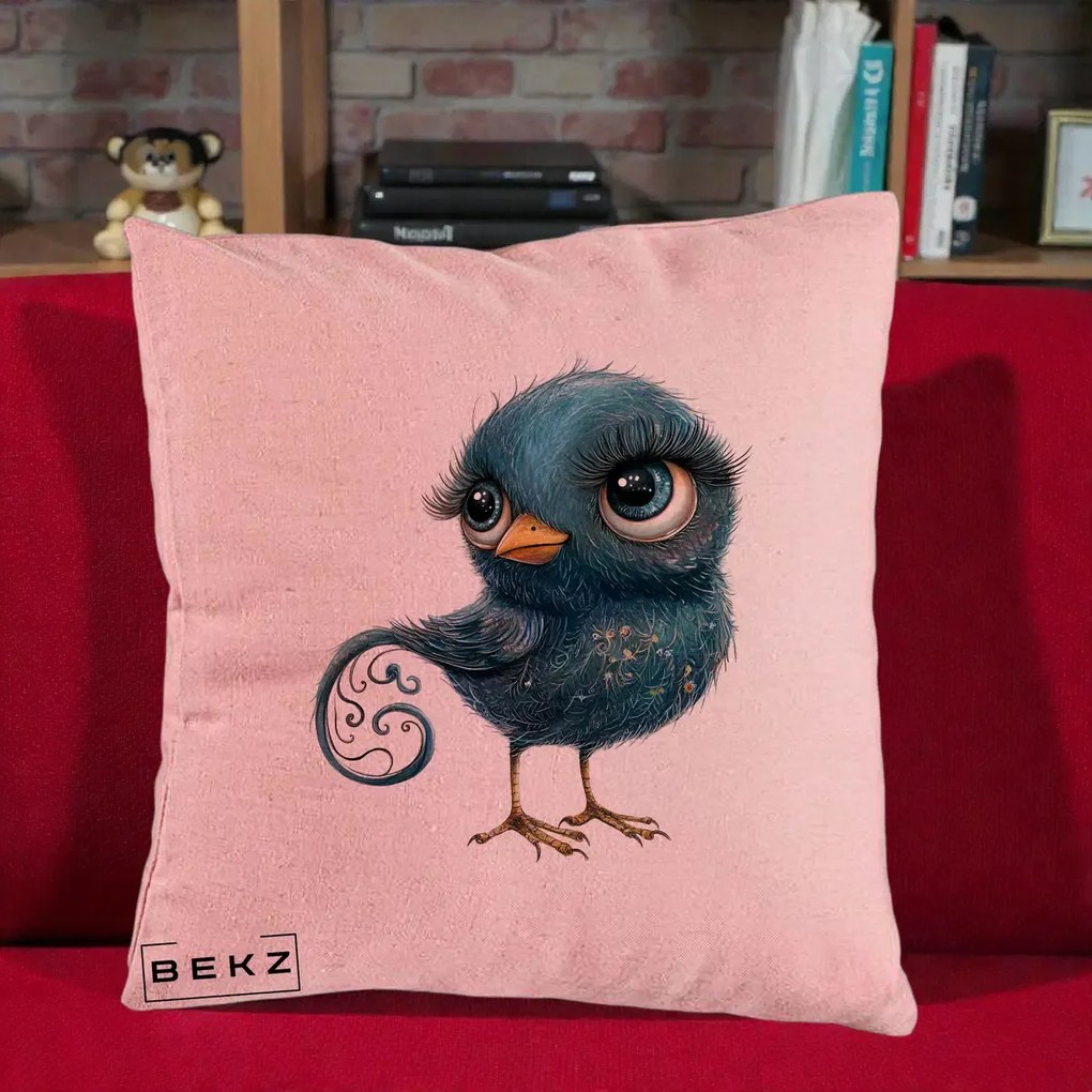 Perna Decorativa Pasare Teal cu Motive Aurii si Coada Spiralata, 40x40 cm, Roz, Husa Detasabila, Perna Inclusa, BEKZ®