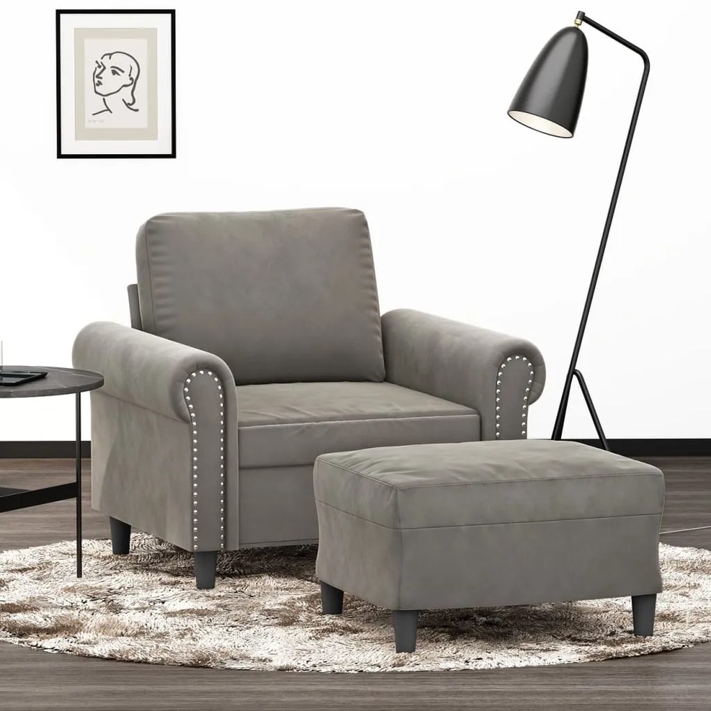 3153623 vidaXL Fotoliu canapea cu taburet, gri deschis, 60 cm, catifea