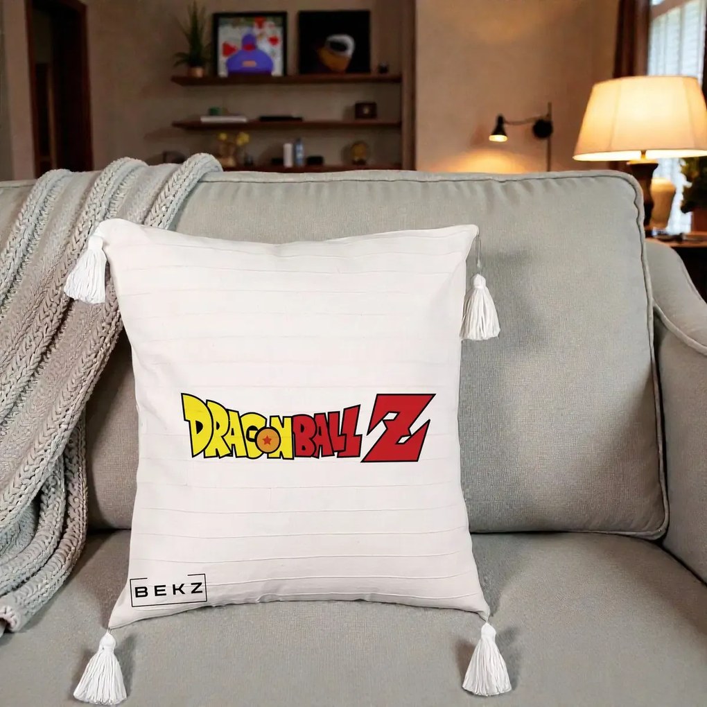 Perna Personalizata Dragon Ball Z Clasic, 40x40 cm, Bej cu Franjuri, Husa Detasabila, Perna Inclusa, BEKZ®