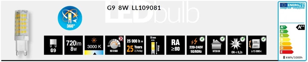 Bec LED G9 lumina calda BULB 8W / 3000K