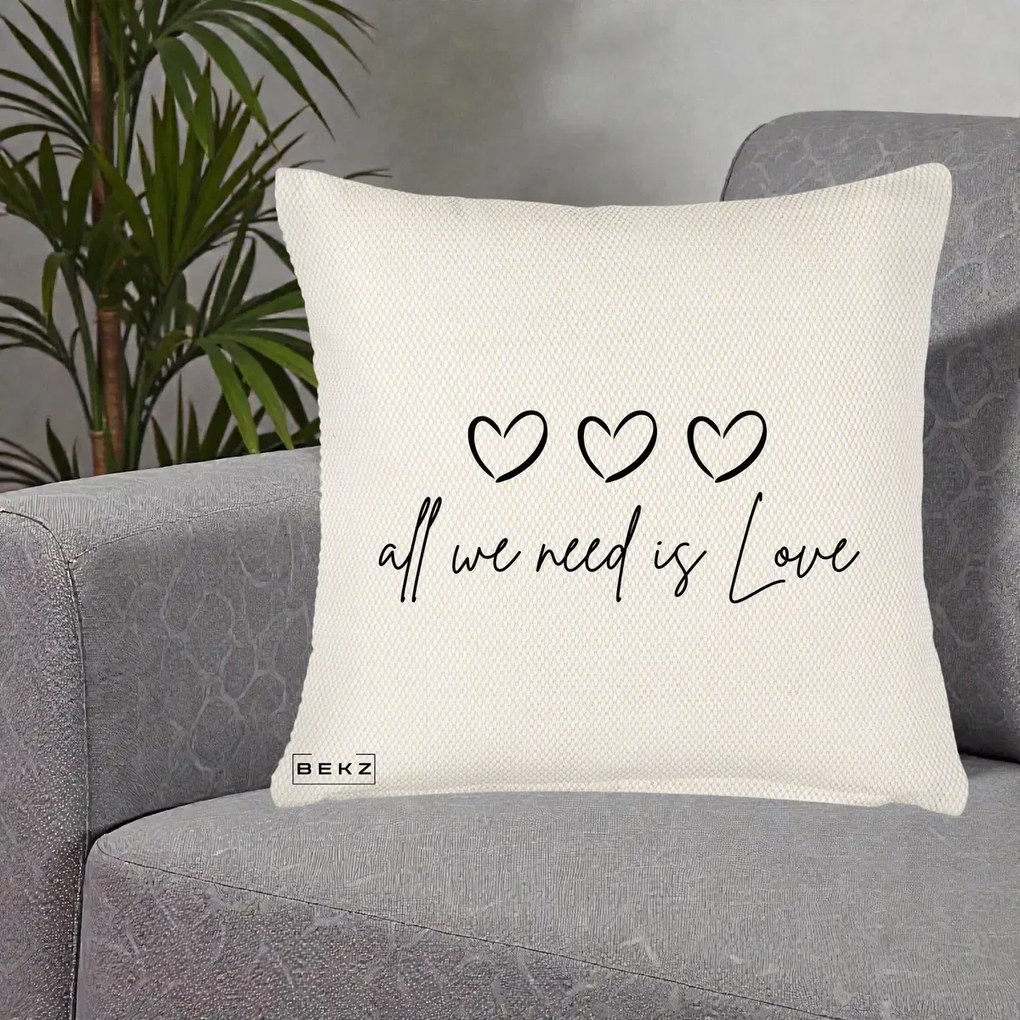 Perna Decorativa All We Need Is Love, 40x40 cm, Crem Reliefat, Husa Detasabila, Perna Inclusa, BEKZ®