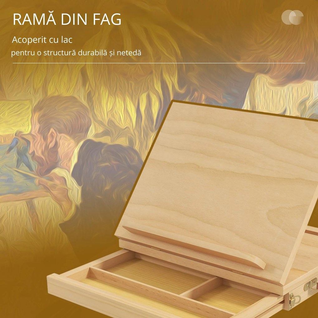 Vinsetto Șevalet pentru Pictură, Pliabil, cu Înclinare Reglabilă și Sertar cu Rafturi, 33,5x26x26 cm, Lemn Natural | Aosom Romania