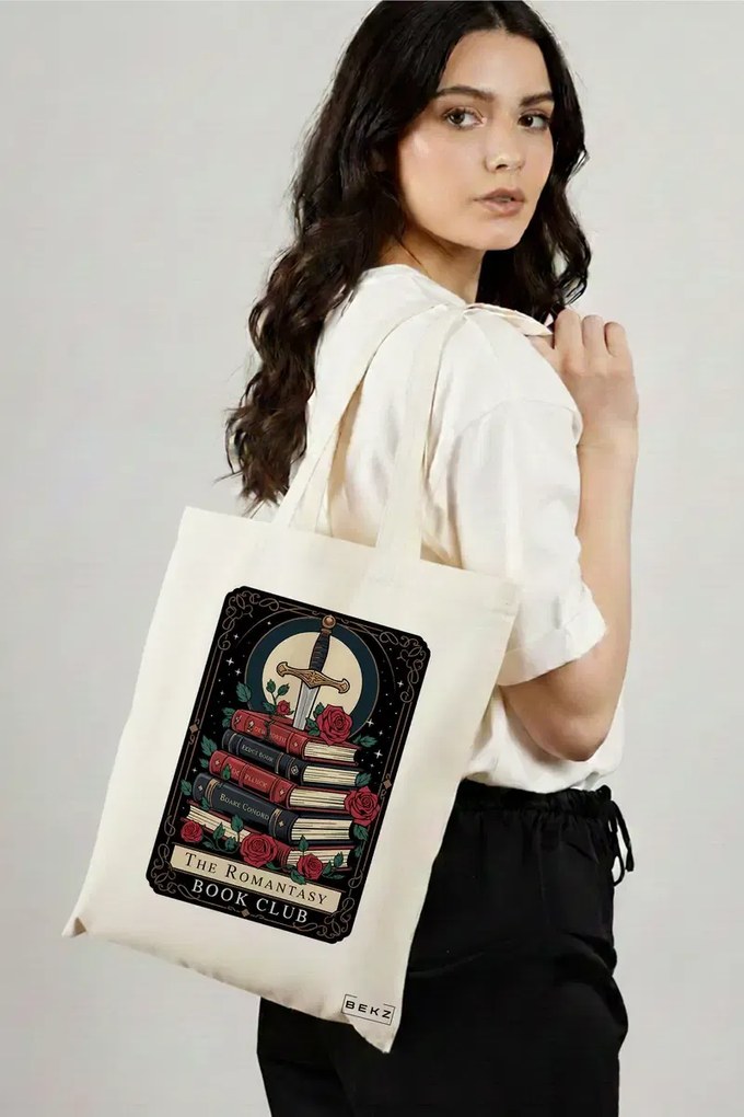 Sacosa de Panza pentru Cumparaturi, Geanta Tote, model The romantasy book club 38 x 34.5 cm, Alba, BEKZ®