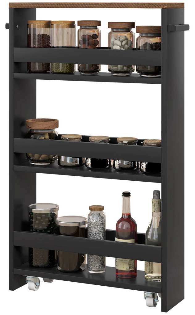 HOMCOM Cărucior de depozitare pe roți 3 nivele de depozitare și mâner, dim. 51,5l x 13l x 80H cm | Aosom Romania