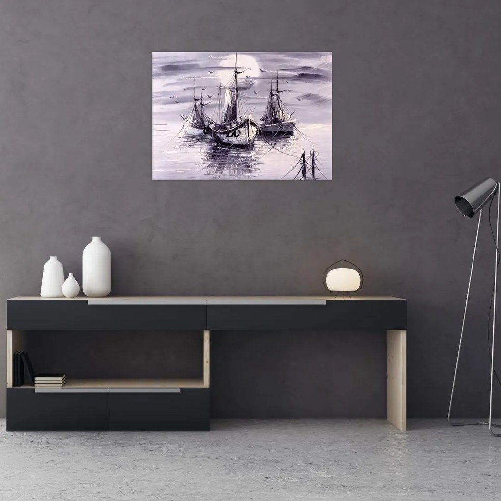 Tablou pe sticlă - Port marin, pictură în ulei (70x50 cm)