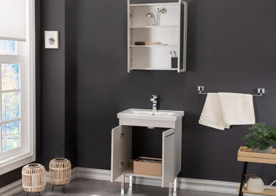 Set Mobilier Baie Salda 60, Include Baza Lavoar, Lavoar și Oglinda, 60 cm, Alb