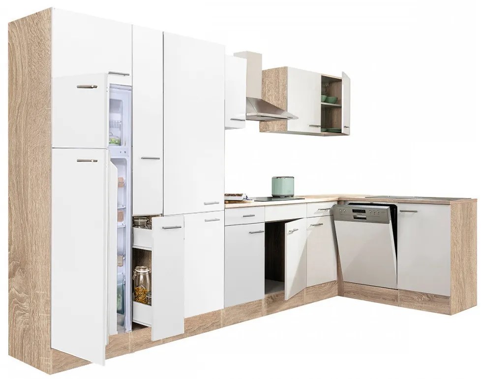 Mobilă de bucătărie de colț Yorki 370, corp din stejar sonoma, față alb satinat, dulap cu rafturi și frigider cu congelator superior