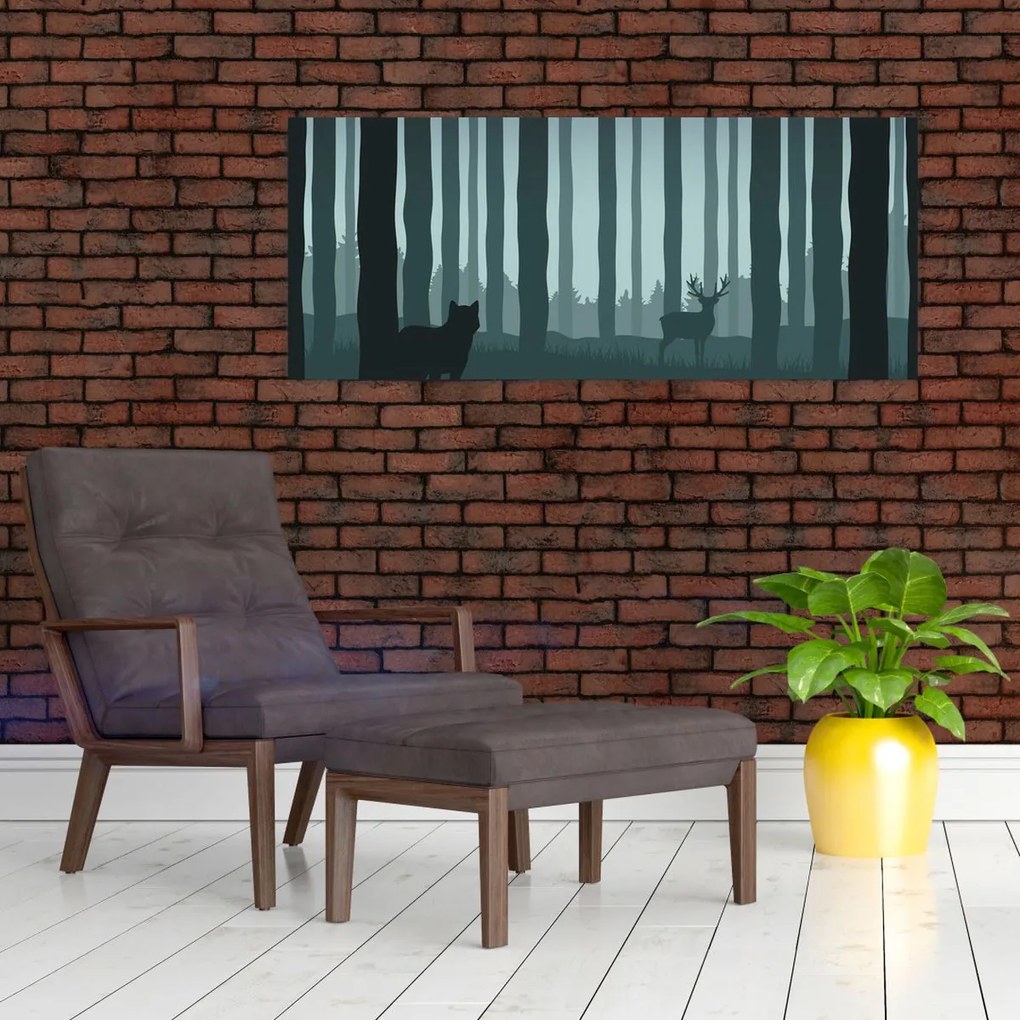 Tablou - Cerb cu lup pe stânci (120x50 cm)