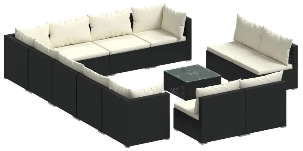 Set mobilier de gradina cu perne, 13 piese, negru, poliratan negru si crem, 3x colt + 9x mijloc + masa, 1