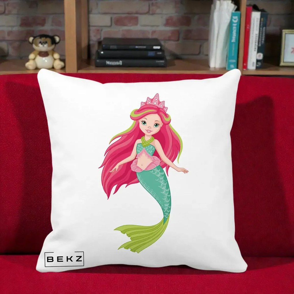 Perna Decorativa Sirena Roz cu Coroana, 40x40 cm, Alba Mata, Husa Detasabila, Perna Inclusa, BEKZ®