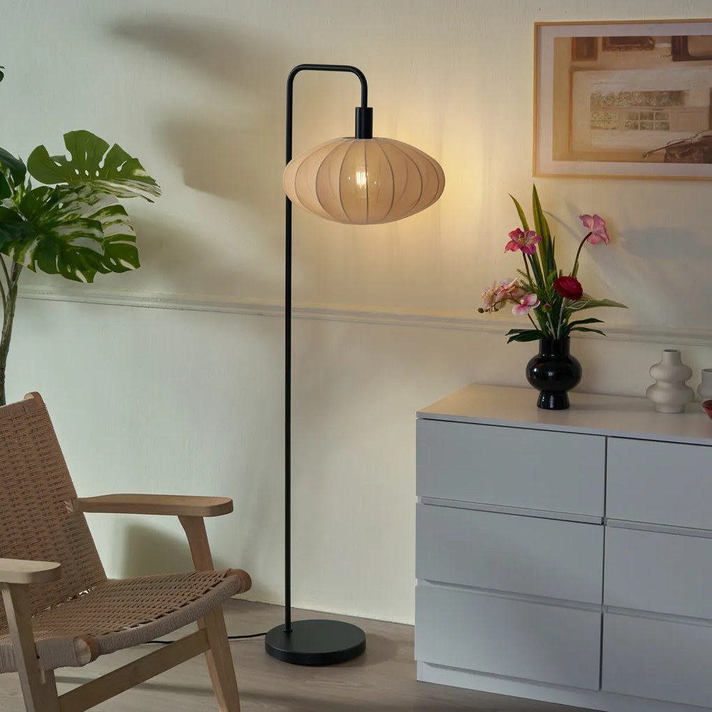 Lampă de podea Japandi neagră cu abajur maro din material textil - Bida