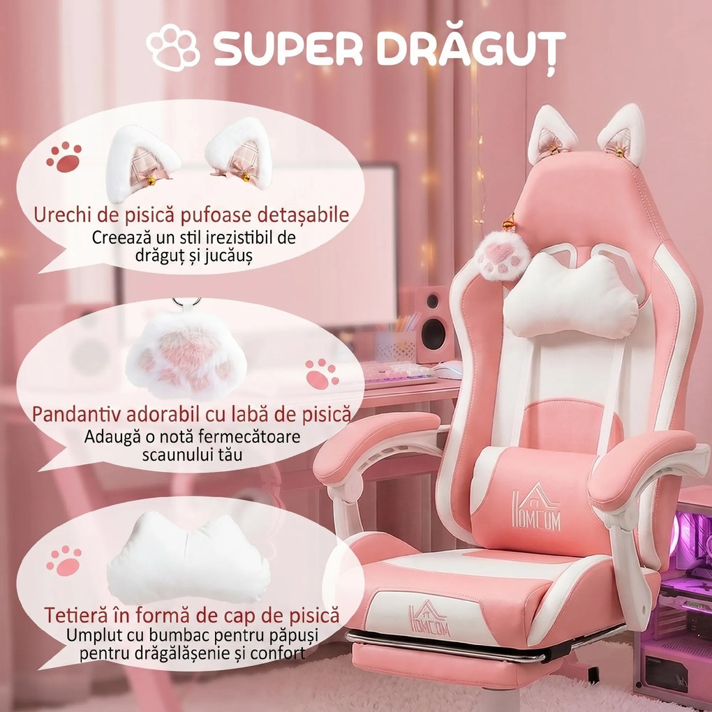 HOMCOM Scaun de Gaming Ergonomic cu Urechi de Pisică, Suport pentru Picioare și Suport Lombar, 65x62x116-124 cm, Roz | Aosom Romania