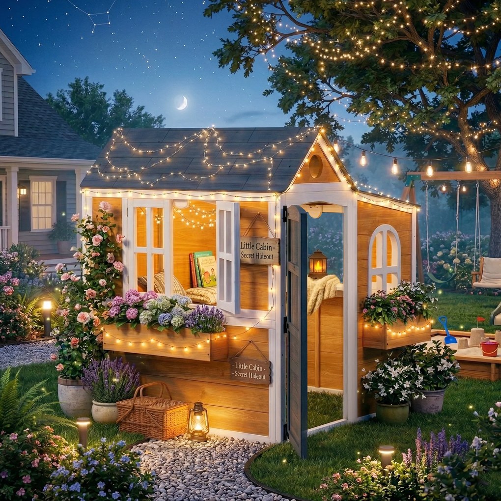 AIYAPLAY Căsuță exterioară pentru copii din lemn, casă pentru copii exterior/interior cu ușă, ferestre, 3 jardiniere, galben | Aosom Romania