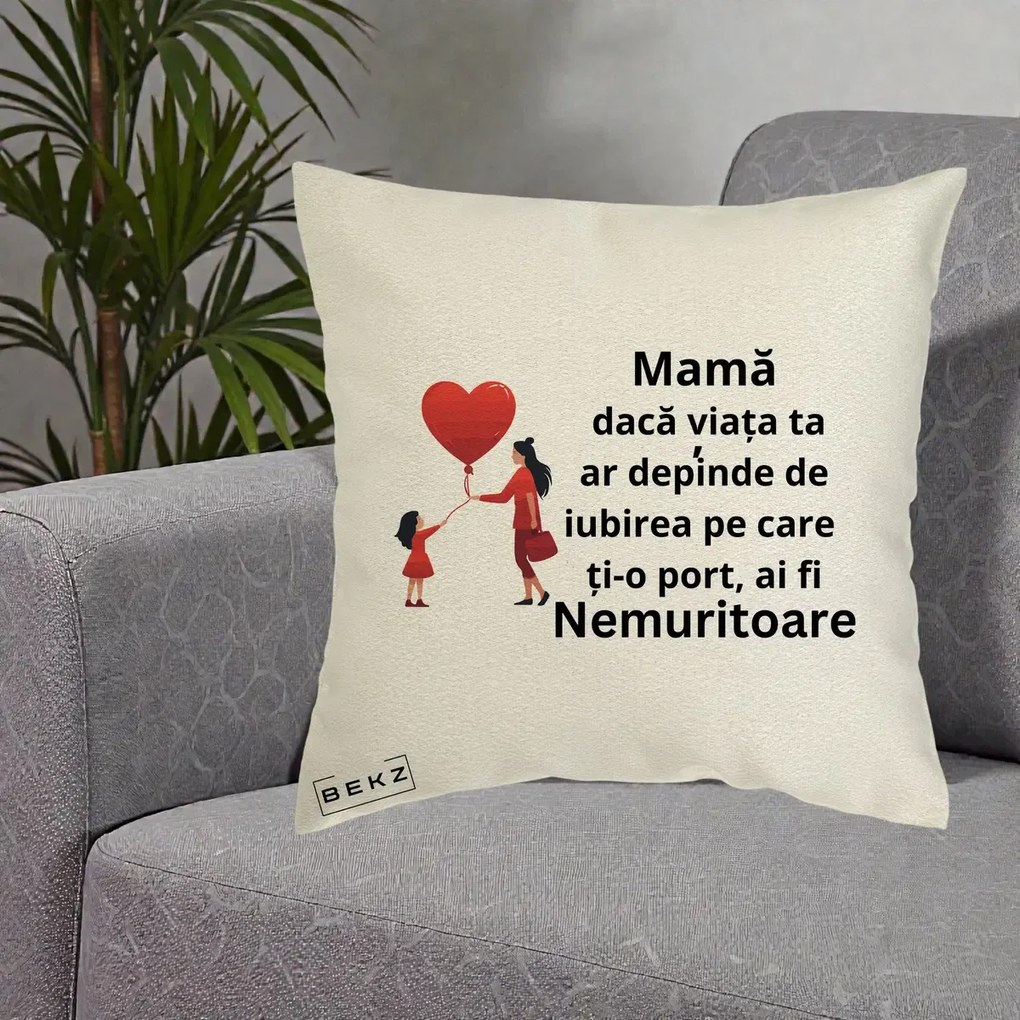 Cadou pentru Mama - Perna Personalizata Mama Nemuritoare cu Bebelus Kawaii, 40x40 cm, Ecru, Husa Detasabila, Perna Inclusa, BEKZ®