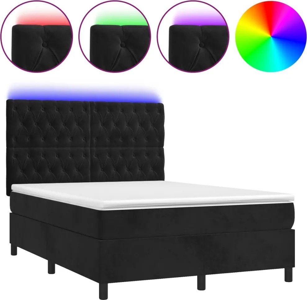 vidaXL Pat cu arcuri, saltea și LED, negru, 140x190 cm, catifea
