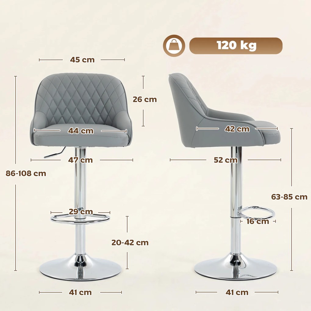 HOMCOM Set de 2 Scaune de Bar Rotative Reglabile pentru Bucătărie, Gri Deschis | Aosom Romania