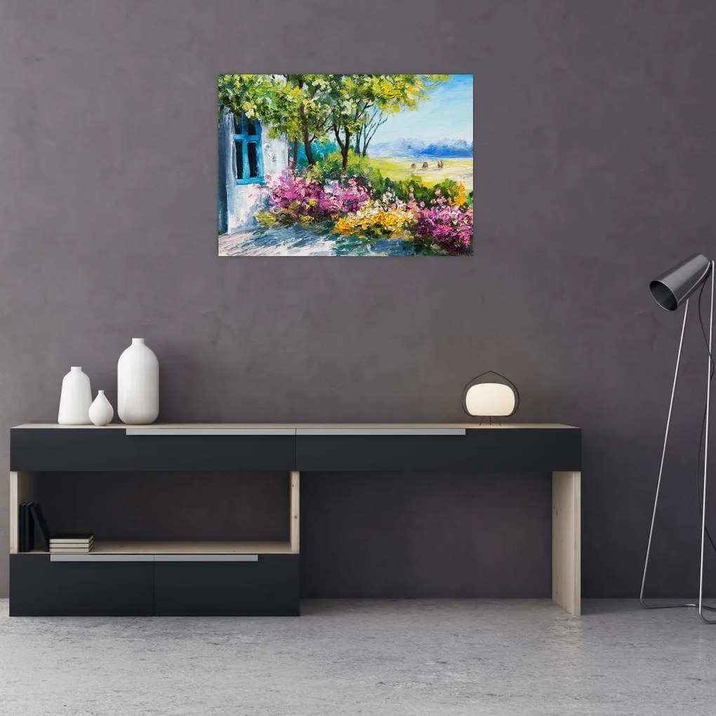 Tablou pe sticlă - Grădina din fața casei, pictură în ulei (70x50 cm)