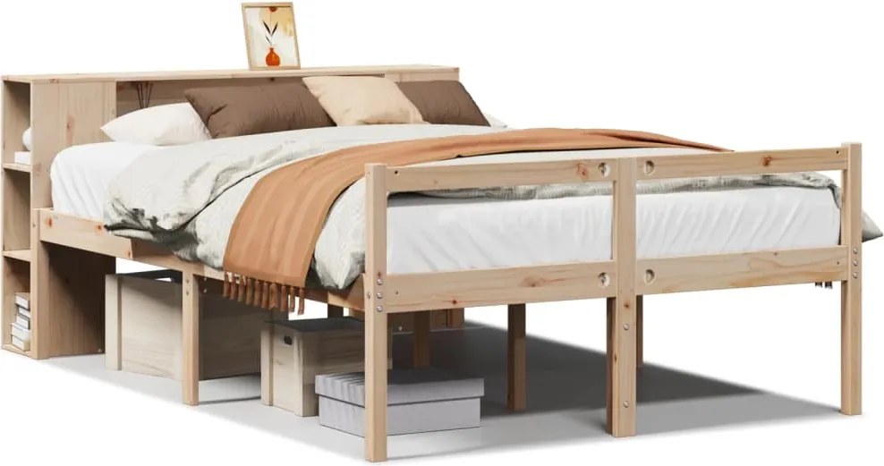 vidaXL Pat cu bibliotecă fără saltea, 135x190 cm, lemn masiv de pin