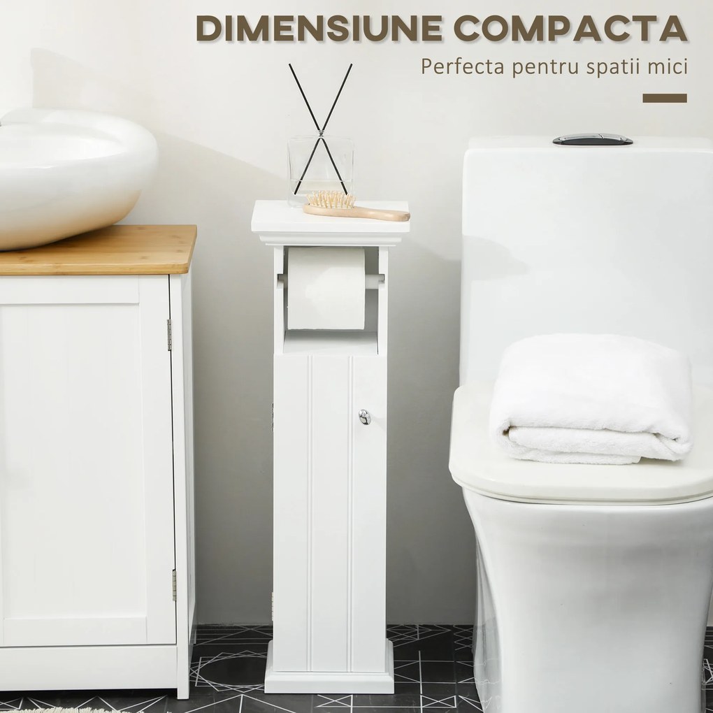 Kleankin Dulap Baie cu Suport Hârtie Igienică MDF 21.5x17.8x66.5cm Alb | Aosom Romania