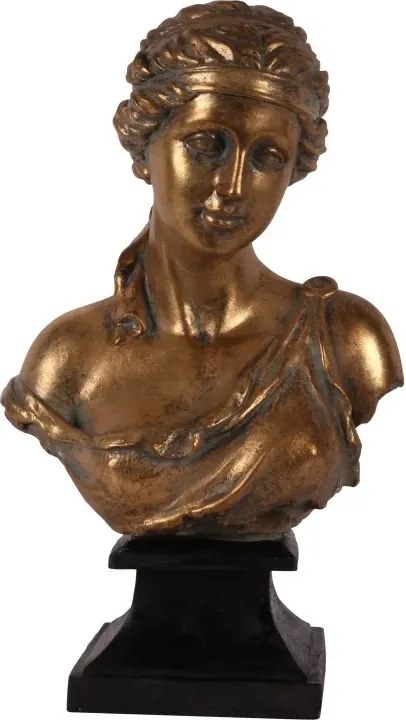 Bust decorativ din polirășină, auriu, chip de femeie în stil antic grecesc, pe soclu negru, finisaj antichizat, 42,8 x 25,5 x 16,5 cm, „Athena”