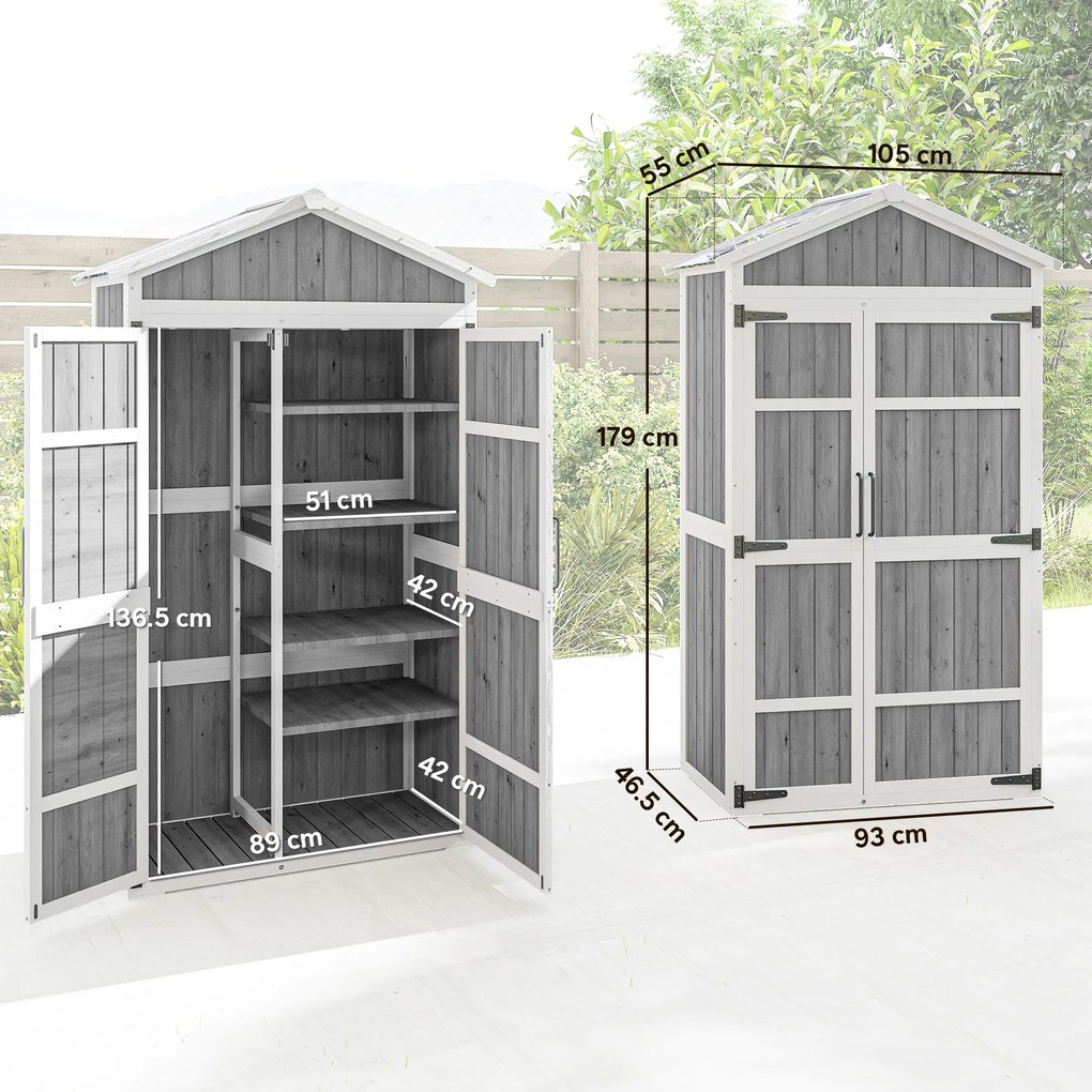 Outsunny Dulap de grădină Adăpost de grădină impermeabil cu acoperiș din metal Uși duble pentru unelte de grădină 105x55x179cm Gri | Aosom Romania