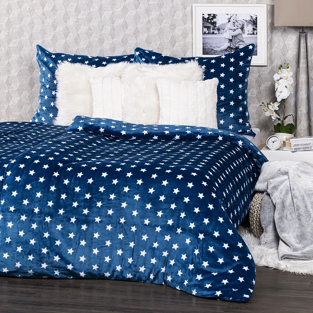 Lenjerie pat 1 pers.,4Home microflanel Stars albastru, 160 x 200 cm, 70 x 80 cm