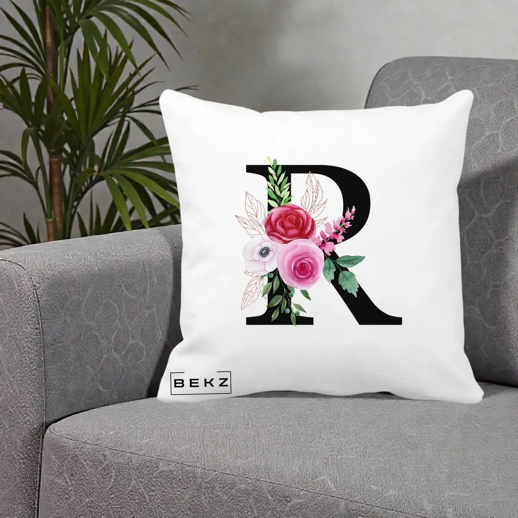 Cadou Personalizat - Perna Personalizata Monograma Florala Litera R, 40x40 cm, Alba Mata, Husa Detasabila, Perna Inclusa, BEKZ®