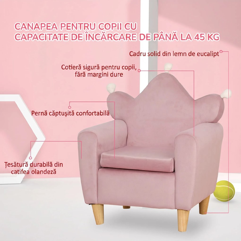 HOMCOM Fotoliu pentru Copii din Material Textil cu Efect de Catifea Roz, cu Spătar în Formă de Coroană, 50.2x41.9x57.8 cm | Aosom Romania