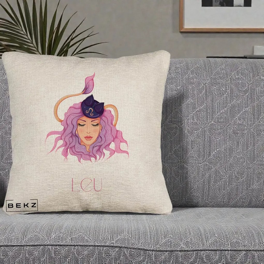 Perna Personalizata Zodie Leu, 40x40 cm, Bej Canapea, Husa Detasabila, Perna Inclusa, BEKZ®