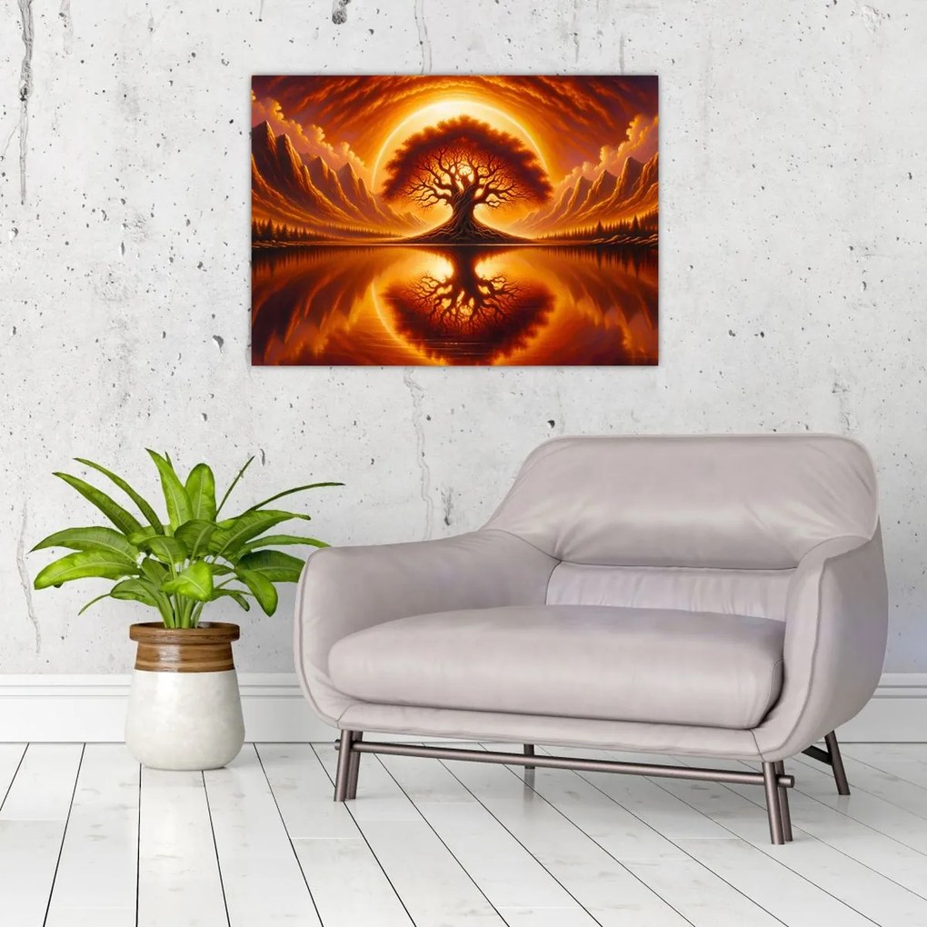 Tablou pe sticlă – Arbore în soare sângeriu (70x50 cm)