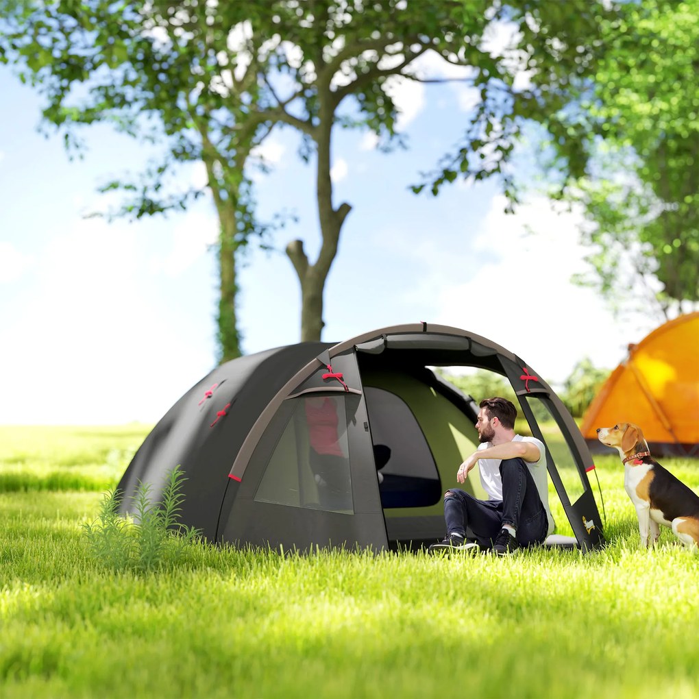 Outsunny Cort de camping familial pentru 2-4 persoane, cort tunel impermeabil 3000 mm 3 uși, 3,6 x 2,5 x 1,3 m, negru | Aosom Romania
